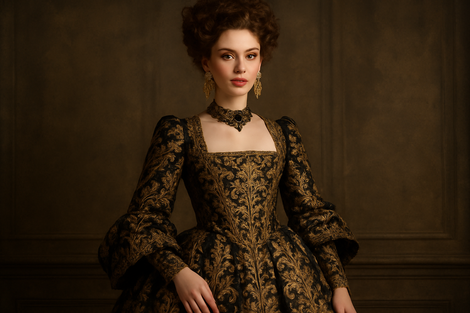 Woman wearing modern baroque style clothing with ornate gold and black sculpted silhouette dress