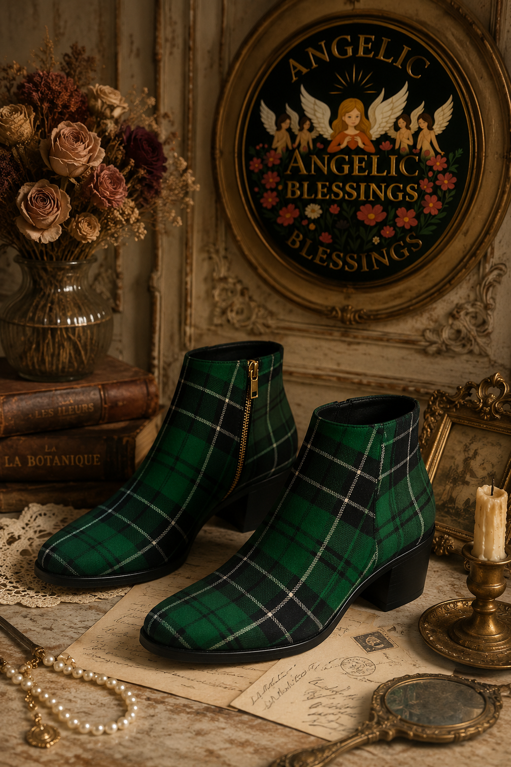 Green Tartan Ankle Boots Women - Elegant Heritage Style