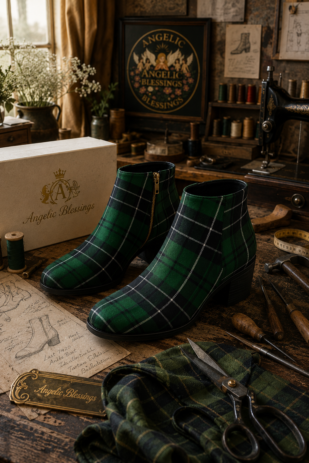Green Tartan Ankle Boots Women - Elegant Heritage Style