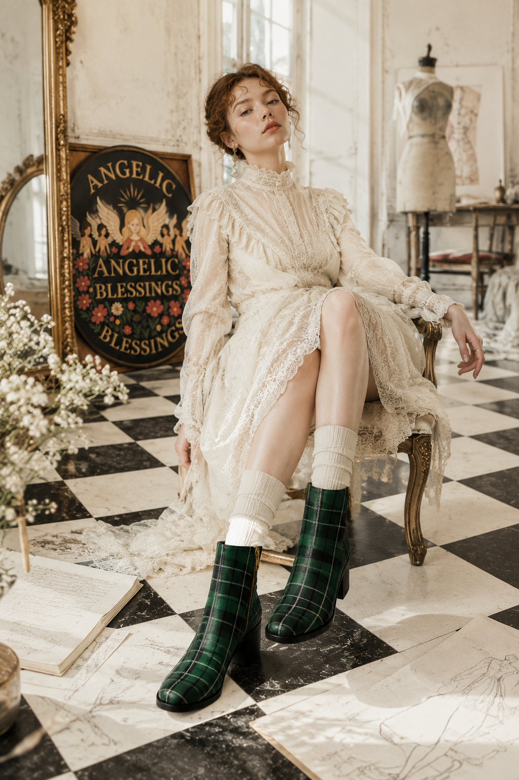 Green Tartan Ankle Boots Women - Elegant Heritage Style
