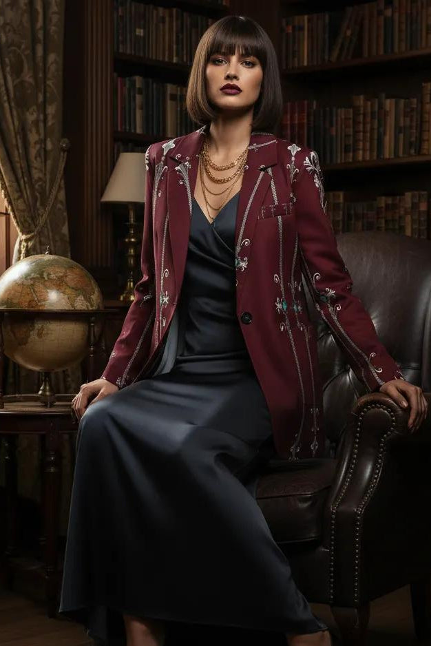 Alt: Burgundy women’s baroque blazer with tailored fit and lapel collar front view