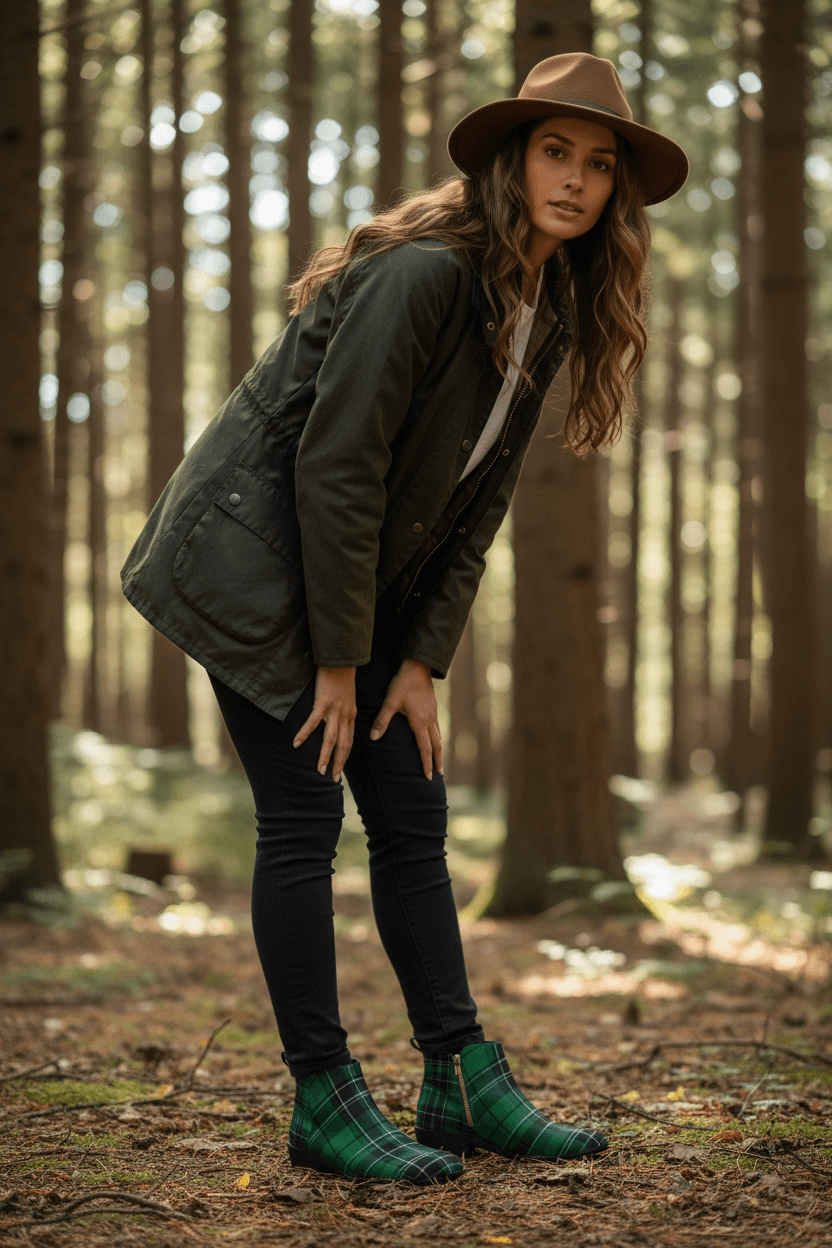 Angelic Blessings Shop green tartan ankle boots women worn with dark jeans and jacket in forest setting