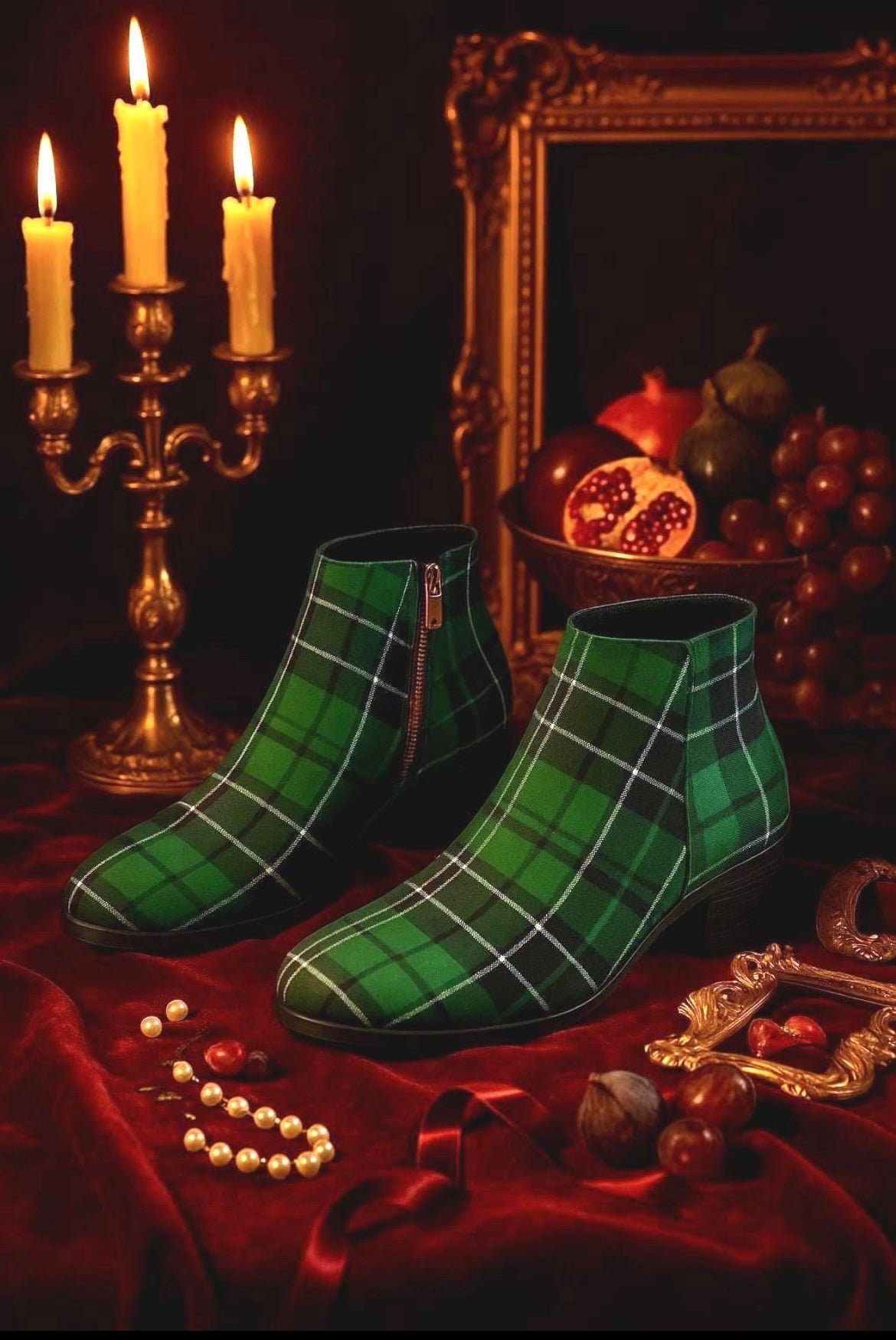 Angelic Blessings Shop green tartan ankle boots women styled with vintage decor and candlelight