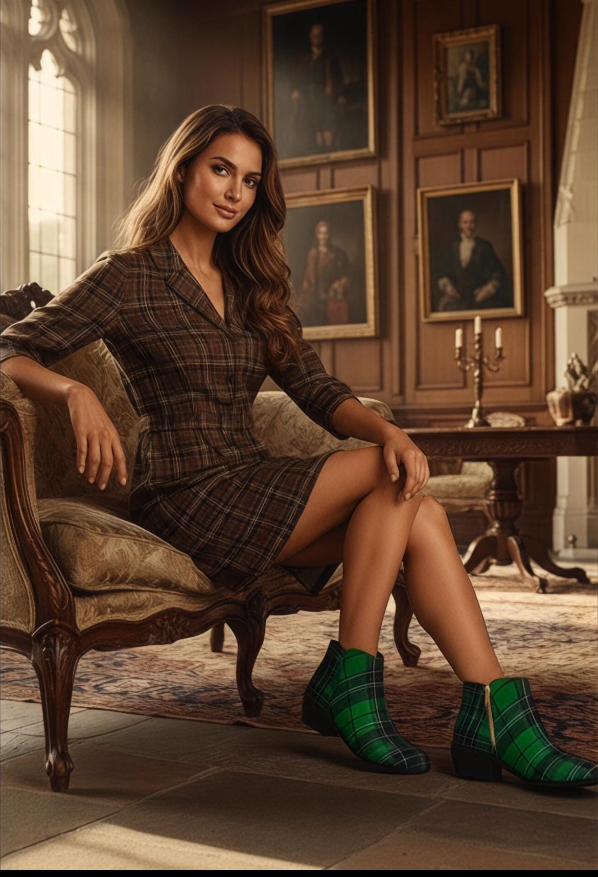 Green tartan ankle boots women worn by a model sitting on a vintage sofa in a classic room