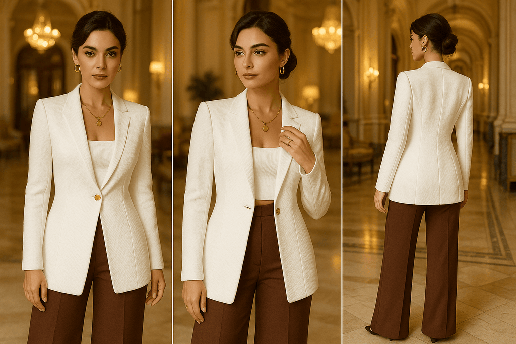White luxury women’s blazer – slim fit one-button tailored jacket by Angelic Blessings