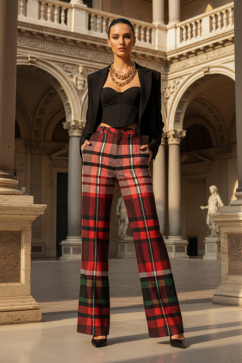 Red green tartan wide leg high waist pants for women styled elegantly.