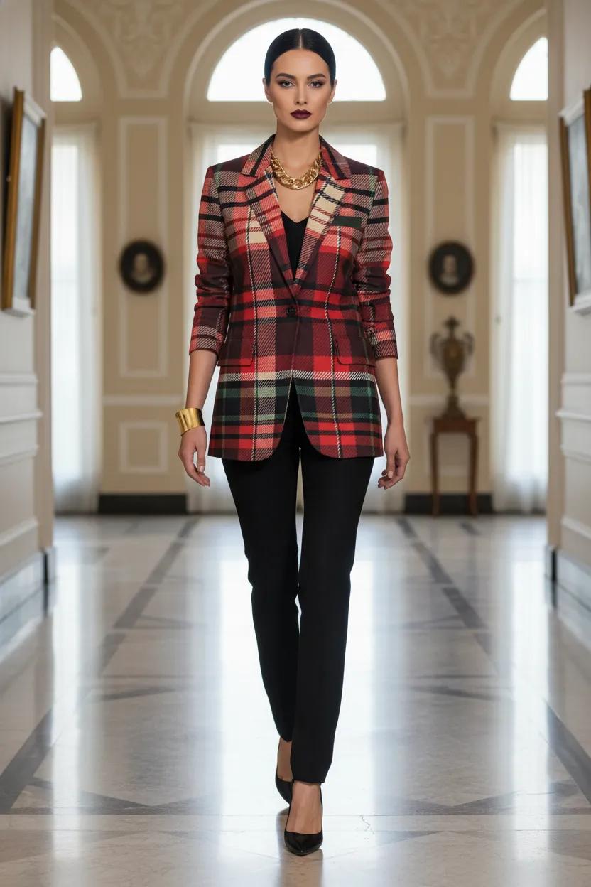 Red and green tartan women’s cotton blazer styled over an elegant midi dress with stiletto heels