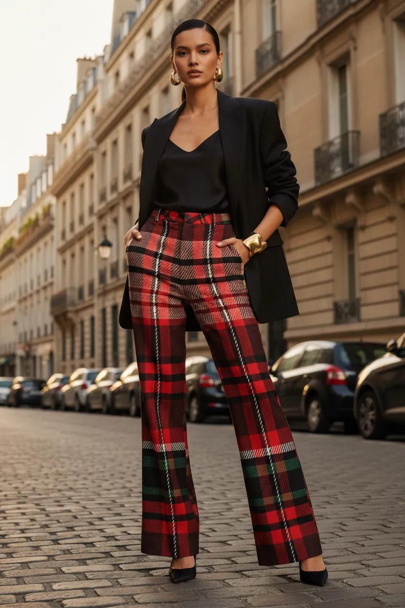 High waist tartan wide leg pants with refined tailored fit.