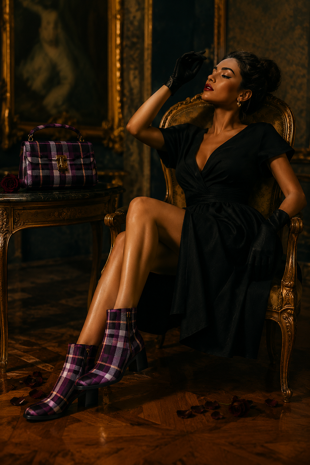 Amethyst Tartan ankle boots with elegant outfit for evening fashion style