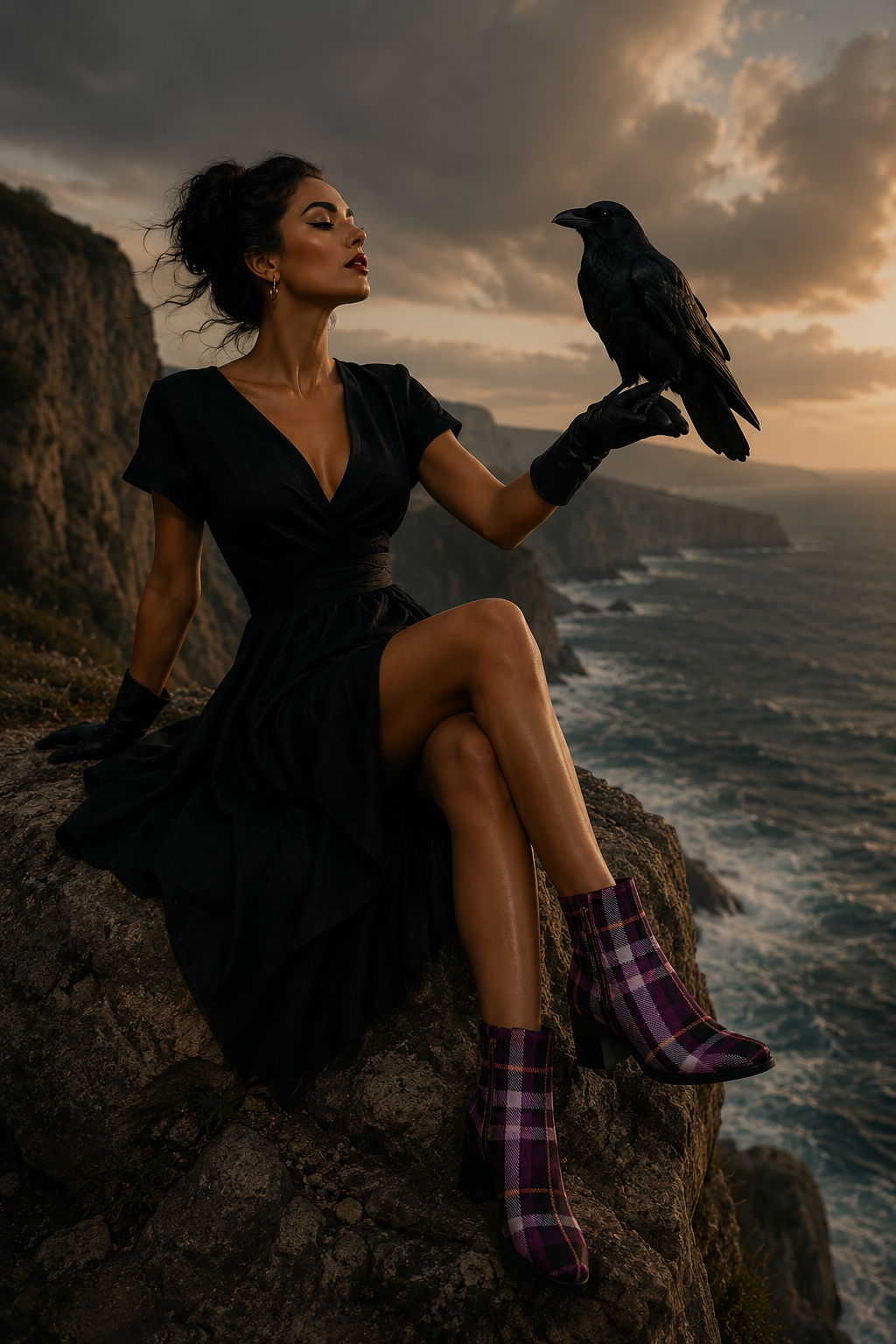 Amethyst Tartan ankle boots with elegant outfit for evening style on rocky coastline