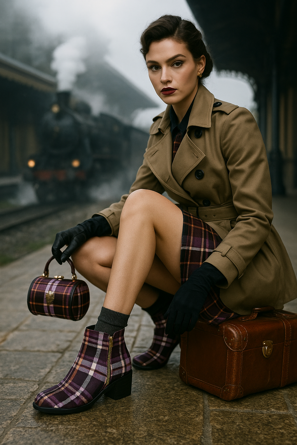 Amethyst Tartan ankle boots with elegant outfit for evening and stylish look