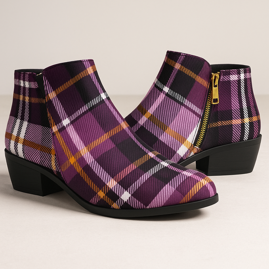 Amethyst Tartan ankle boots stylish outfit evening elegant footwear with side zipper
