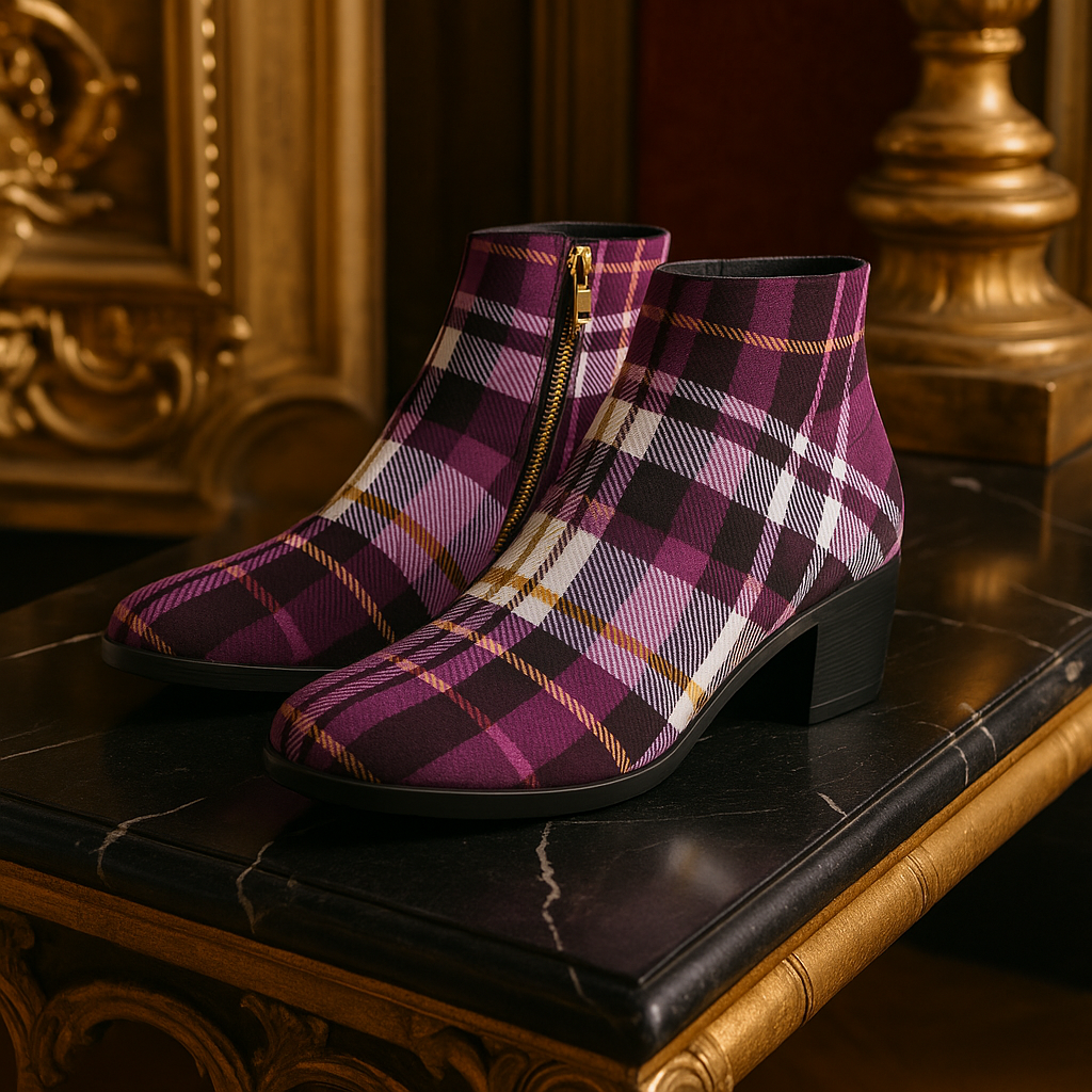 Amethyst Tartan ankle boots with stylish side zipper perfect for elegant evening outfit