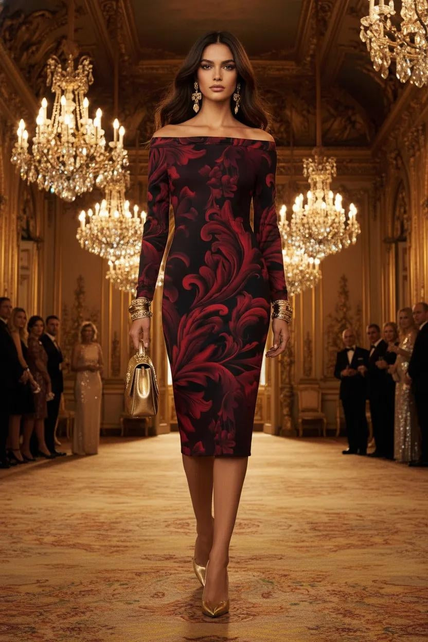 Red and black bodycon wrap dress for special occasions with off shoulder design