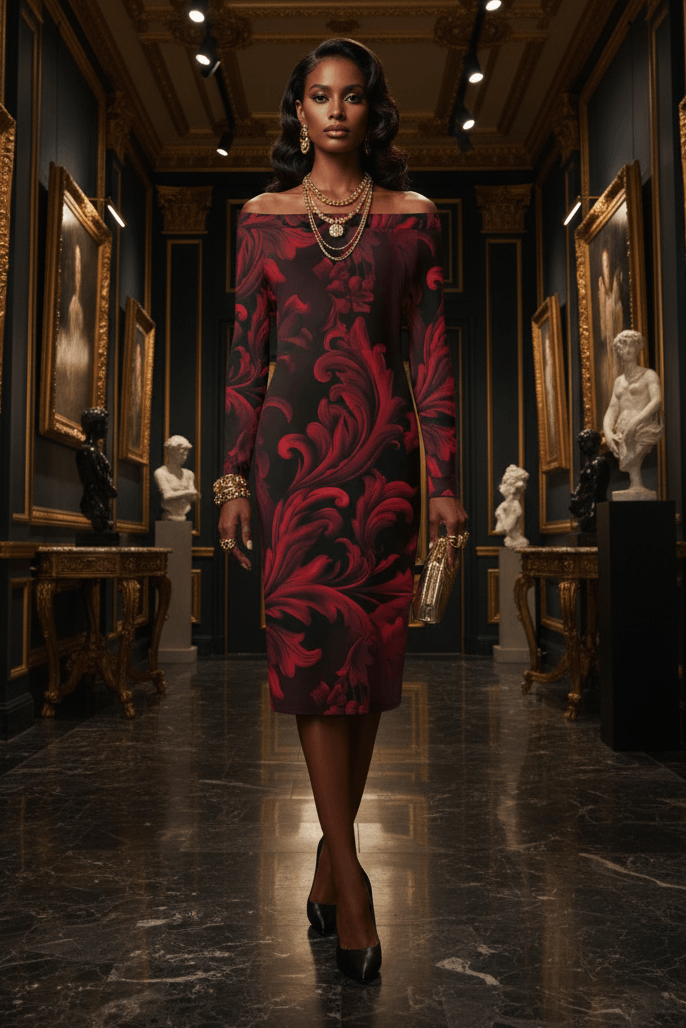 Red and black bodycon wrap dress for special occasions with off-shoulder design