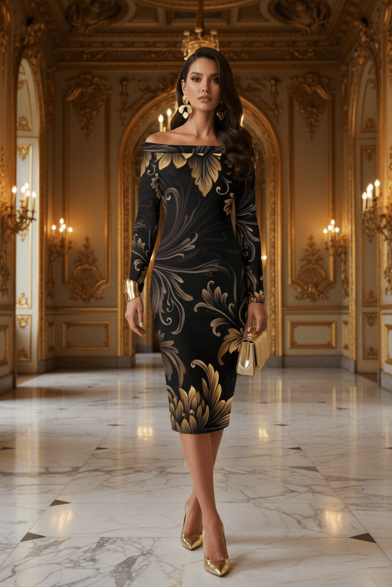 Brown off-shoulder baroque pencil dress with floral pattern and fitted silhouette