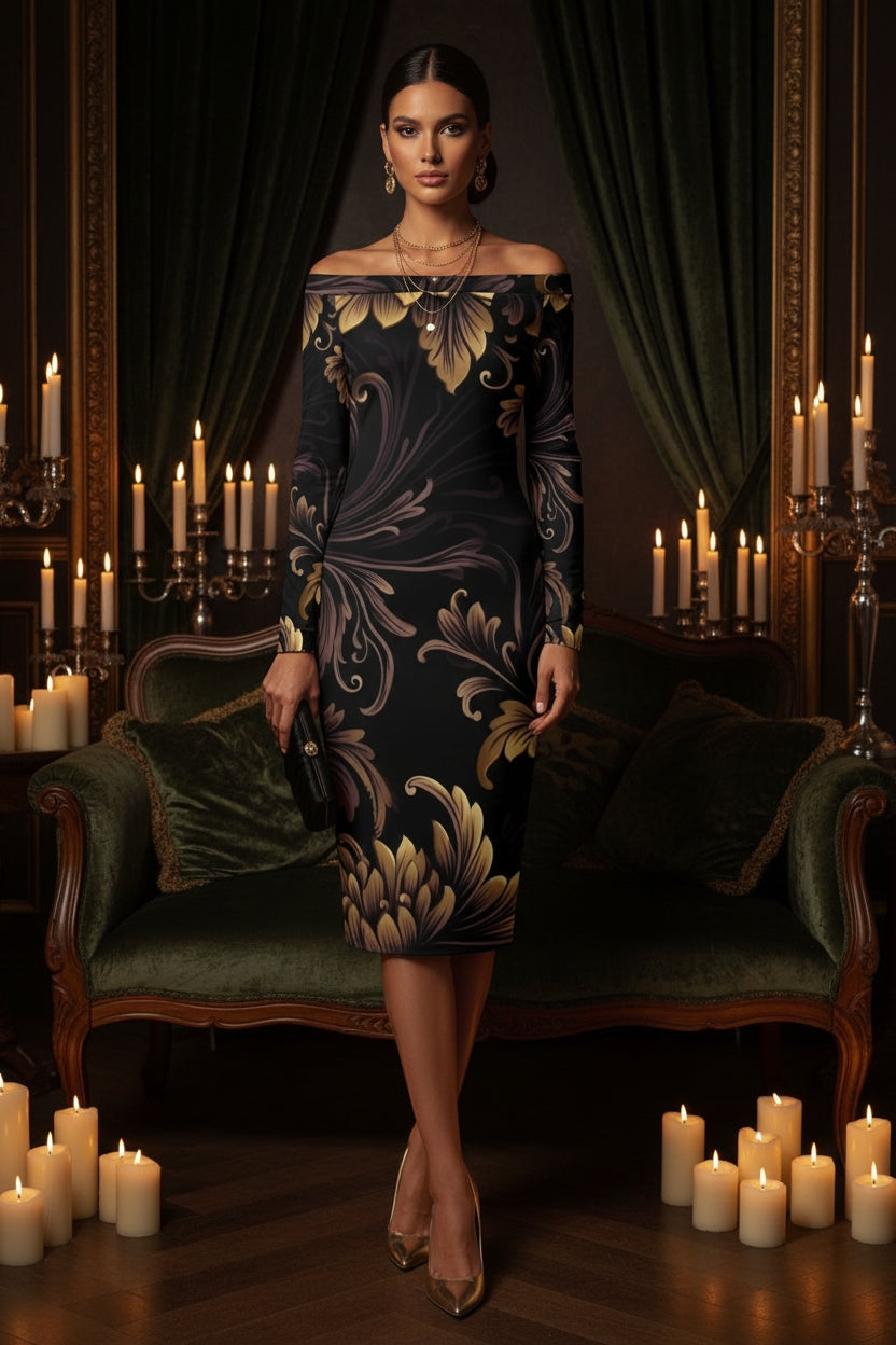 Brown off-shoulder baroque pencil dress elegant fit evening