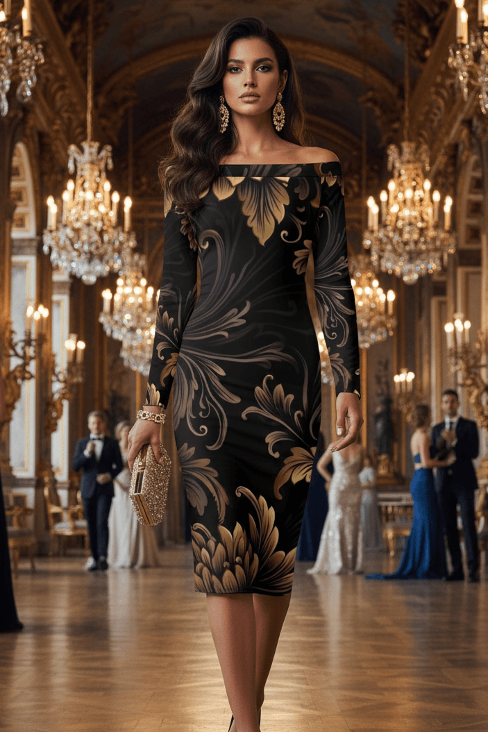 brown off-shoulder baroque pencil dress elegant fit formal occasion