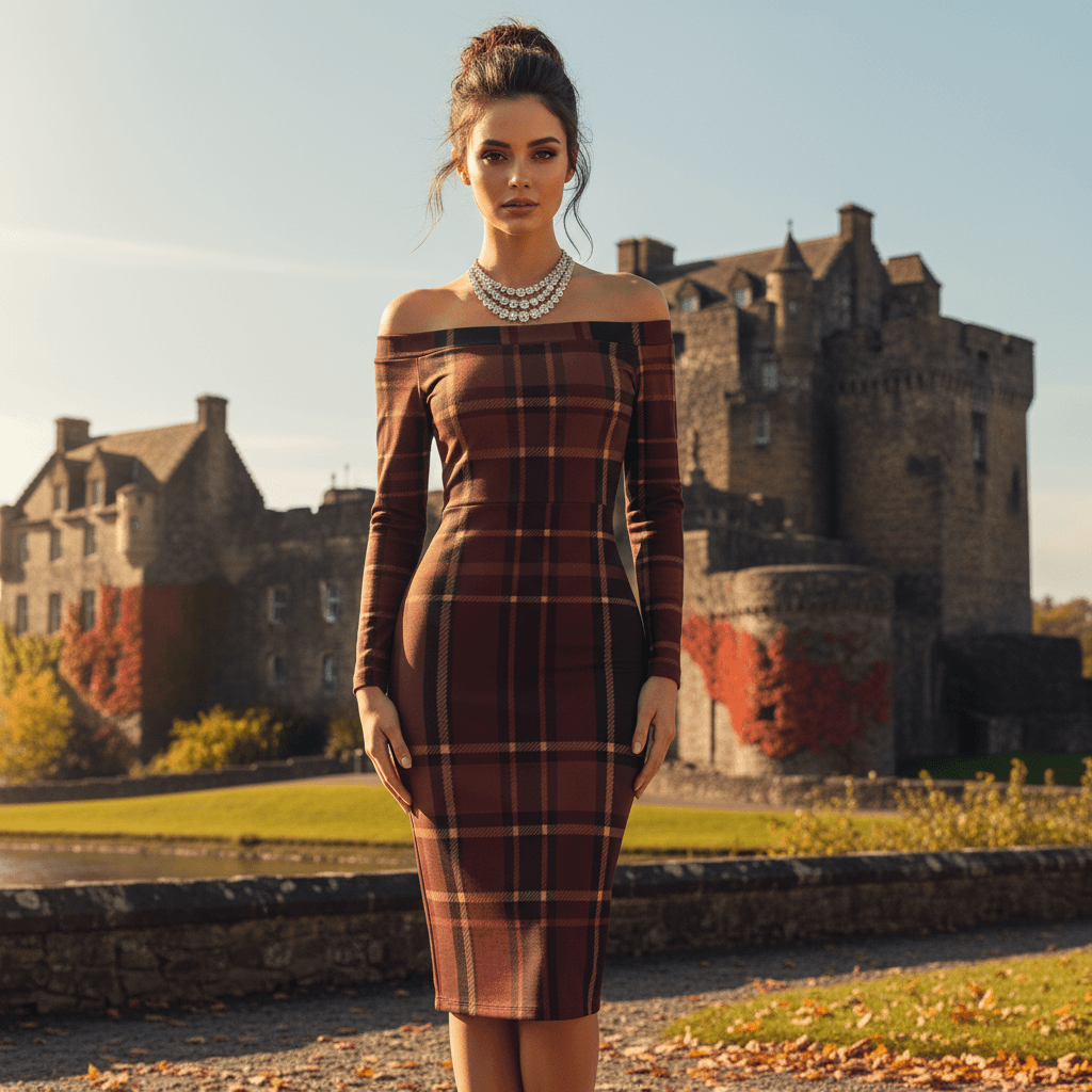 Braemar Belle dress plus size off shoulder tartan dress by Angelic Blessings shop worn by model outdoors near historic castle