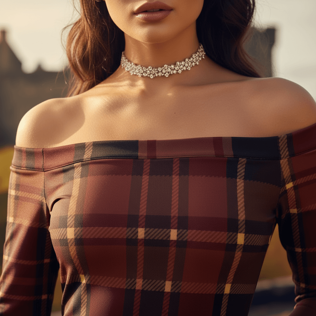 Close-up of Braemar Belle tartan off shoulder midi dress by Angelic Blessings shop with plaid pattern and floral choker