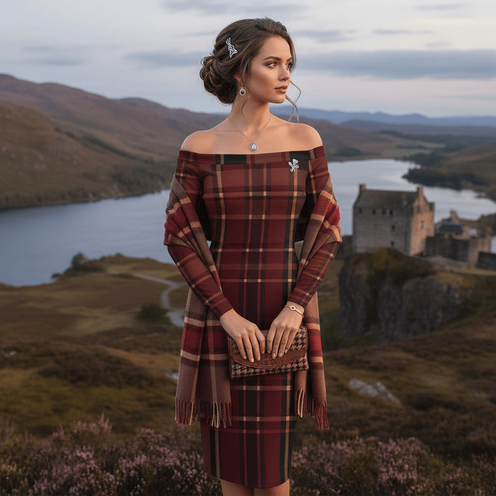Braemar Belle tartan off shoulder midi dress by Angelic Blessings shop worn outdoors near a scenic lake and castle