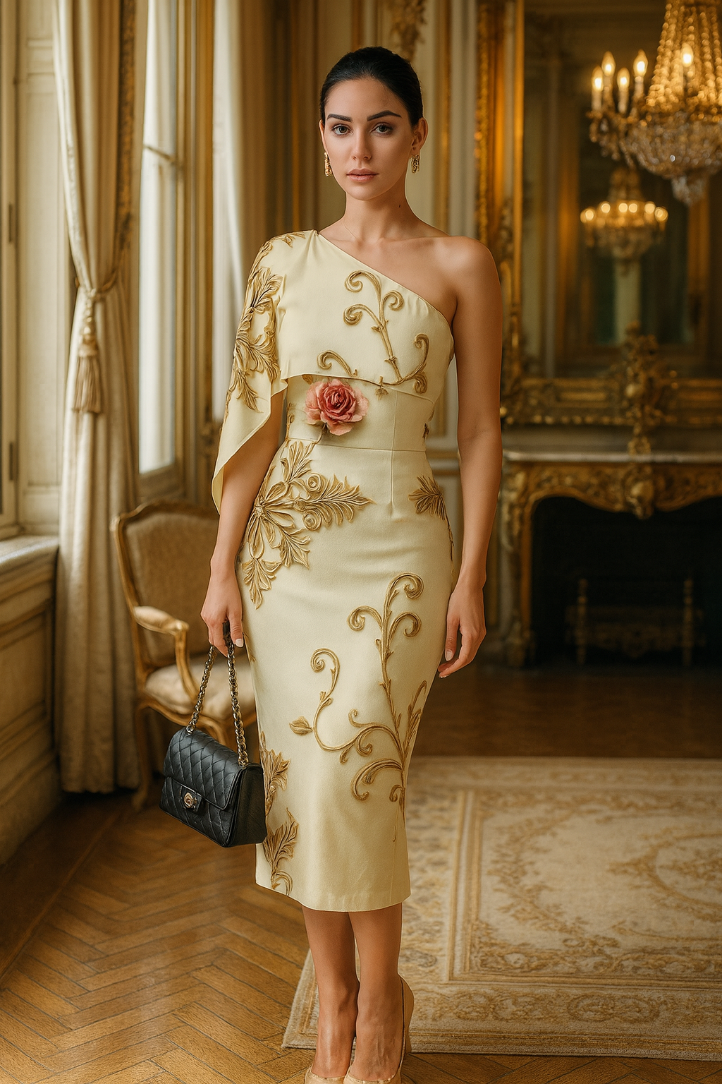 Ivory Rose One Shoulder Sleeve Evening Formal Dress-Angelic Blessings Shop worn by model in elegant room