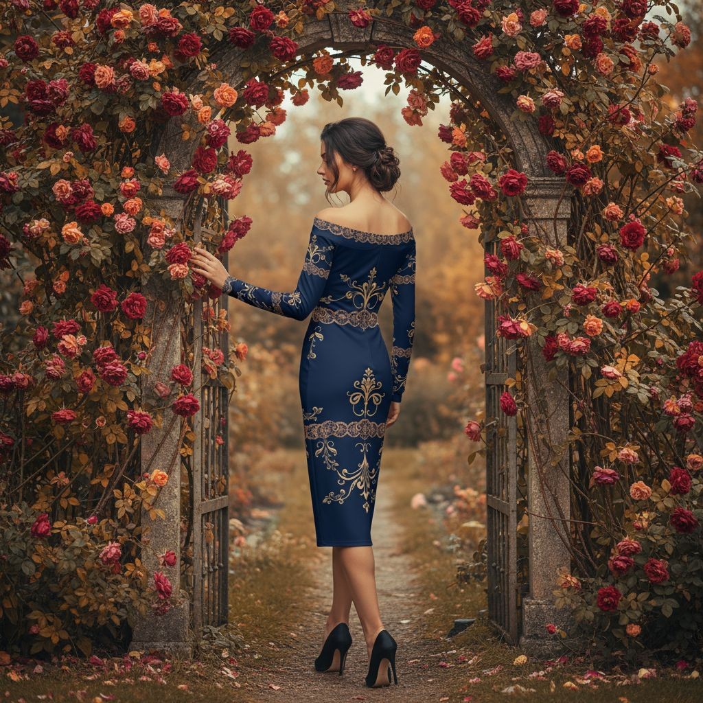 Angelic Blessings Shop off the shoulder wrap dress in navy with gold embroidery standing in floral archway