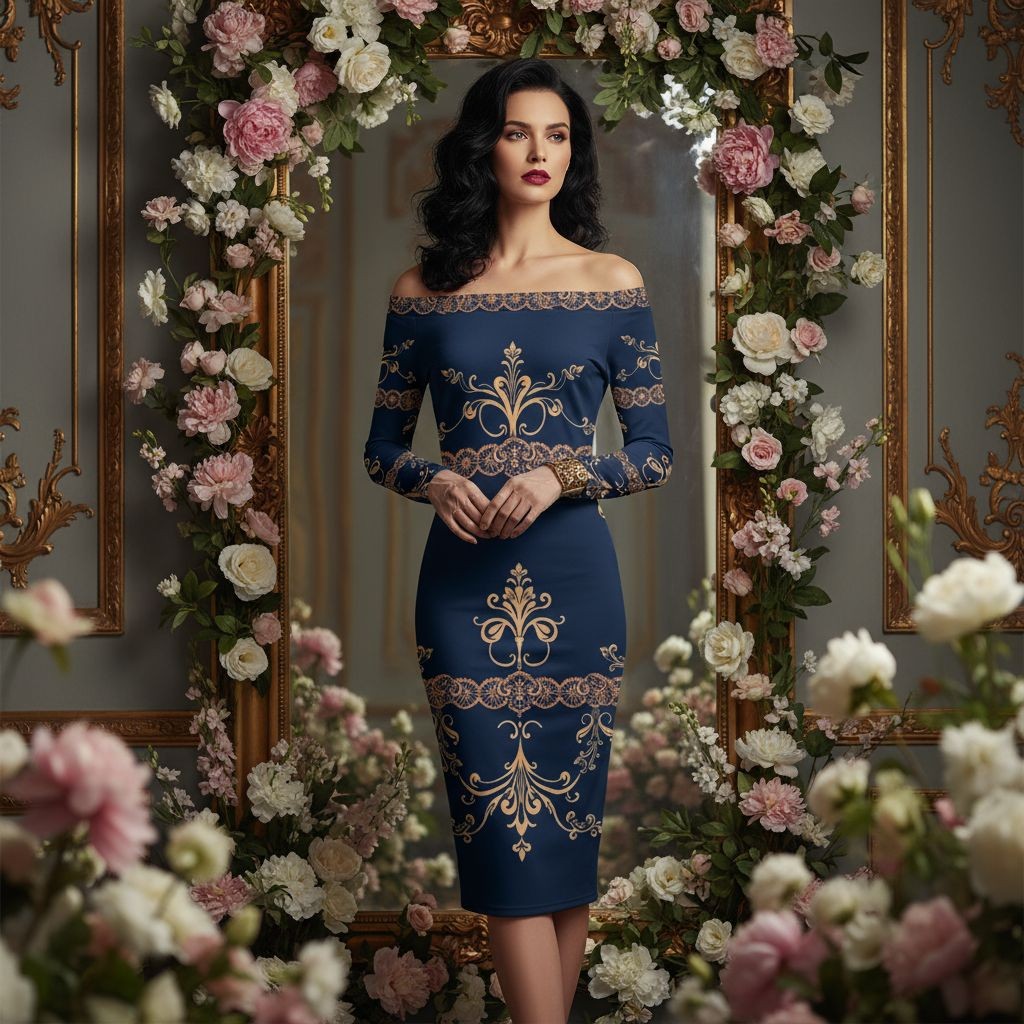 Elegant off the shoulder wrap dress in navy blue with intricate gold patterns from Angelic Blessings Shop