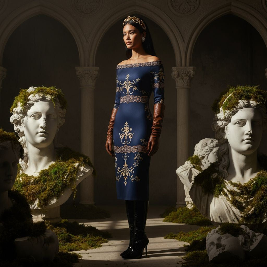 Angelic Blessings Shop navy off the shoulder wrap dress with intricate gold patterns worn by a model with long brown gloves