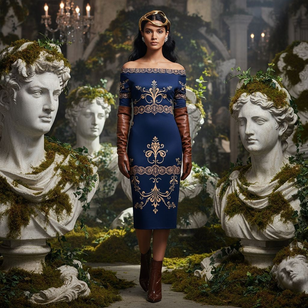 Angelic Blessings Shop navy blue off the shoulder wrap dress with gold embroidery and long brown gloves
