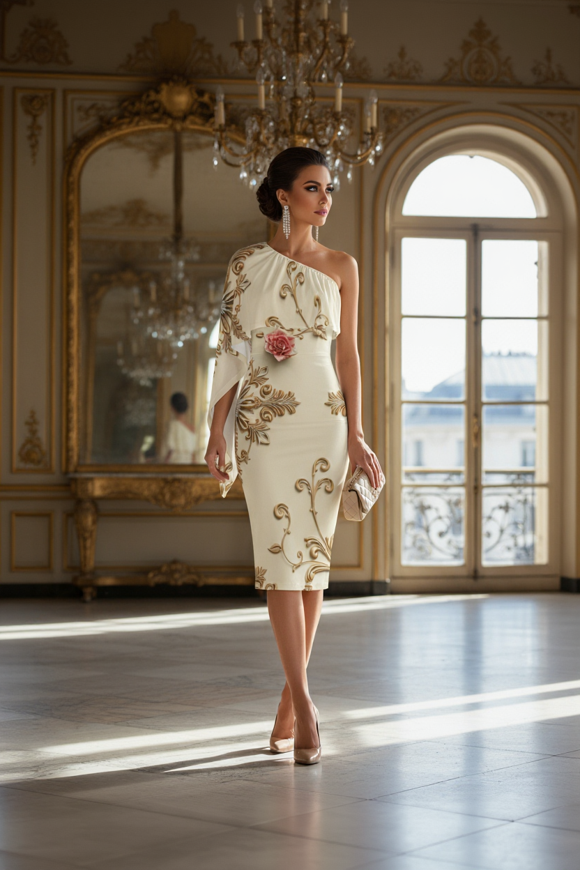 Ivory Rose One Shoulder Sleeve Evening Formal Wrap Dress-Angelic Blessings Shop worn in elegant room