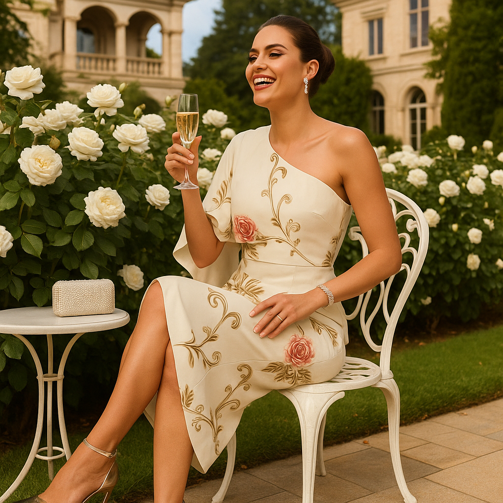Elegant woman wearing Ivory Rose One Shoulder Sleeve Evening Formal Wrap Dress-Angelic Blessings Shop seated in garden with white roses