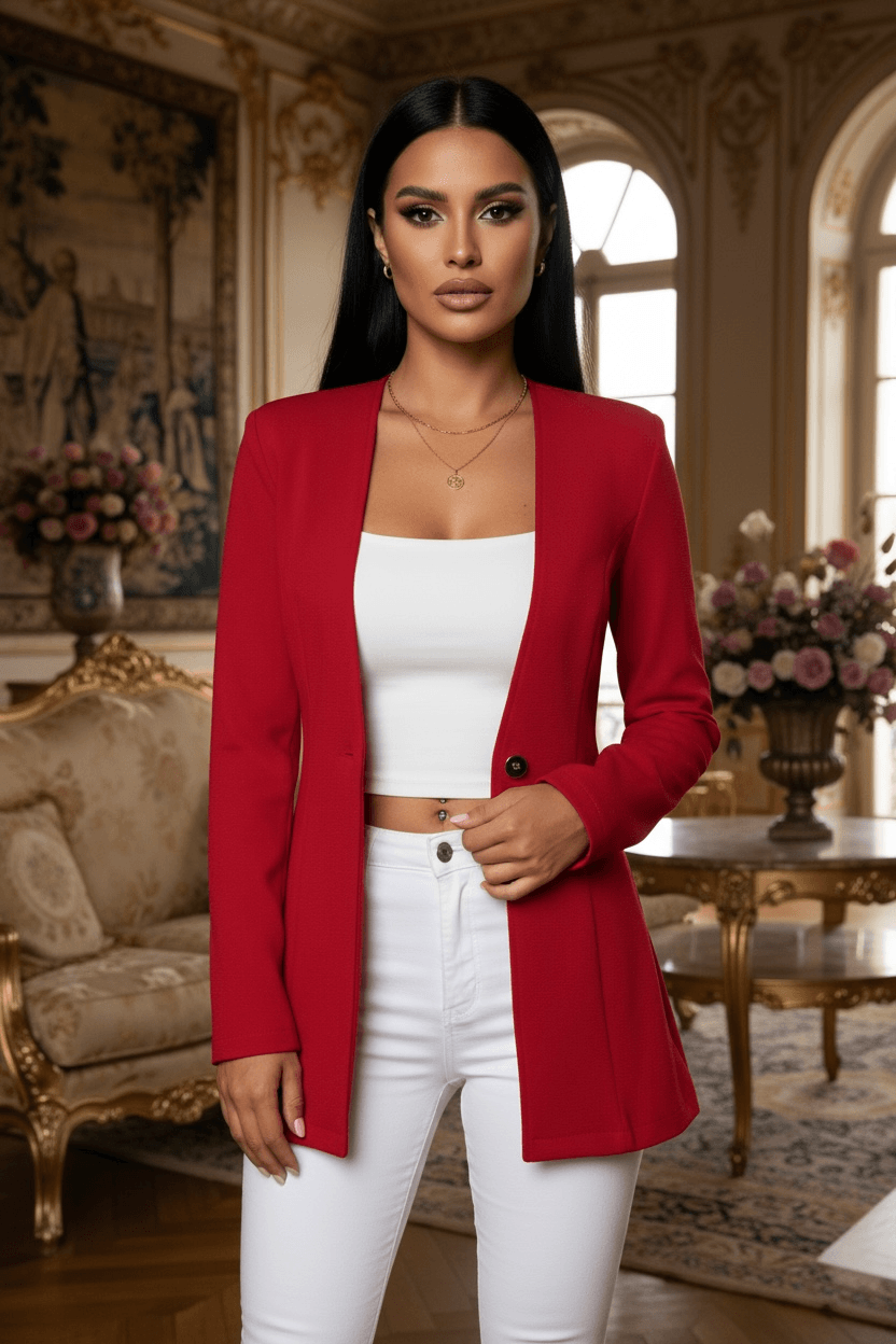 Red slim fit blazer for women – elegant tailored one-button jacket by Angelic Blessings
