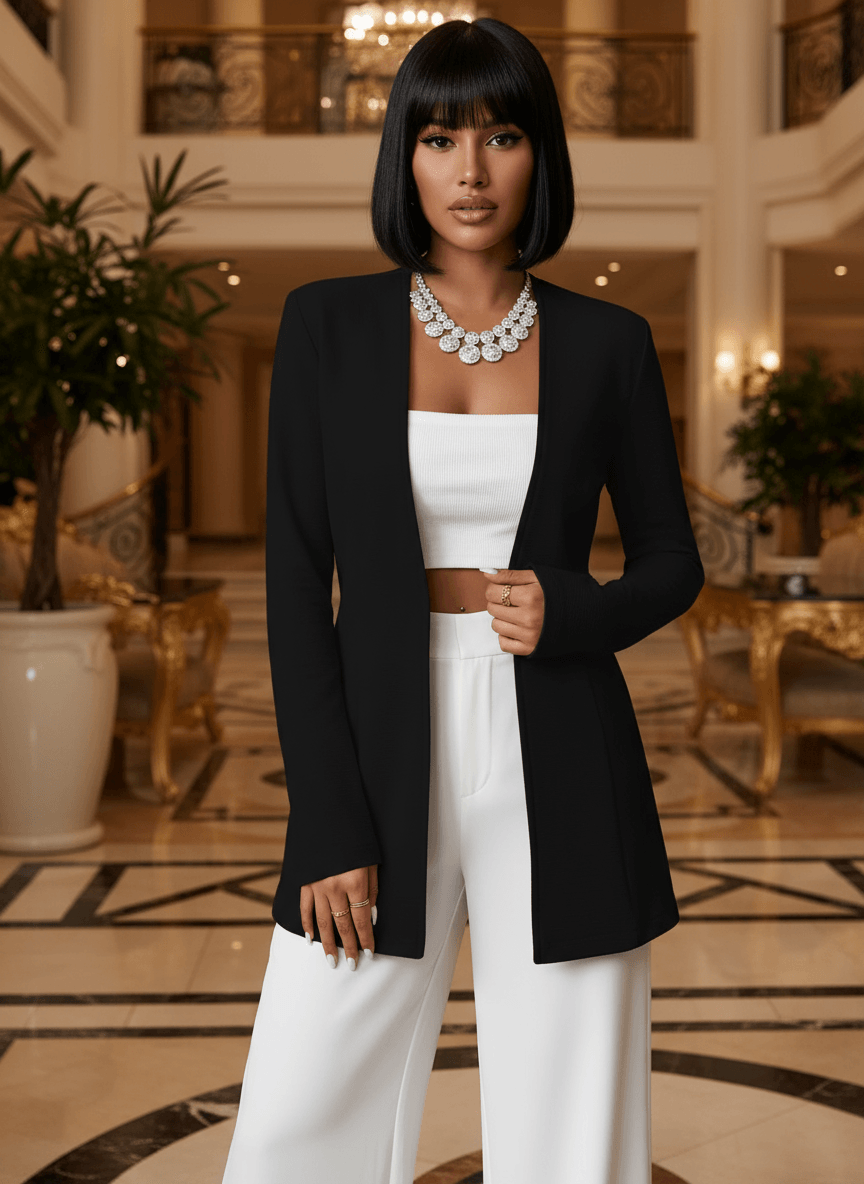Model wearing black one-button blazer with white trousers – elegant office outfit for women