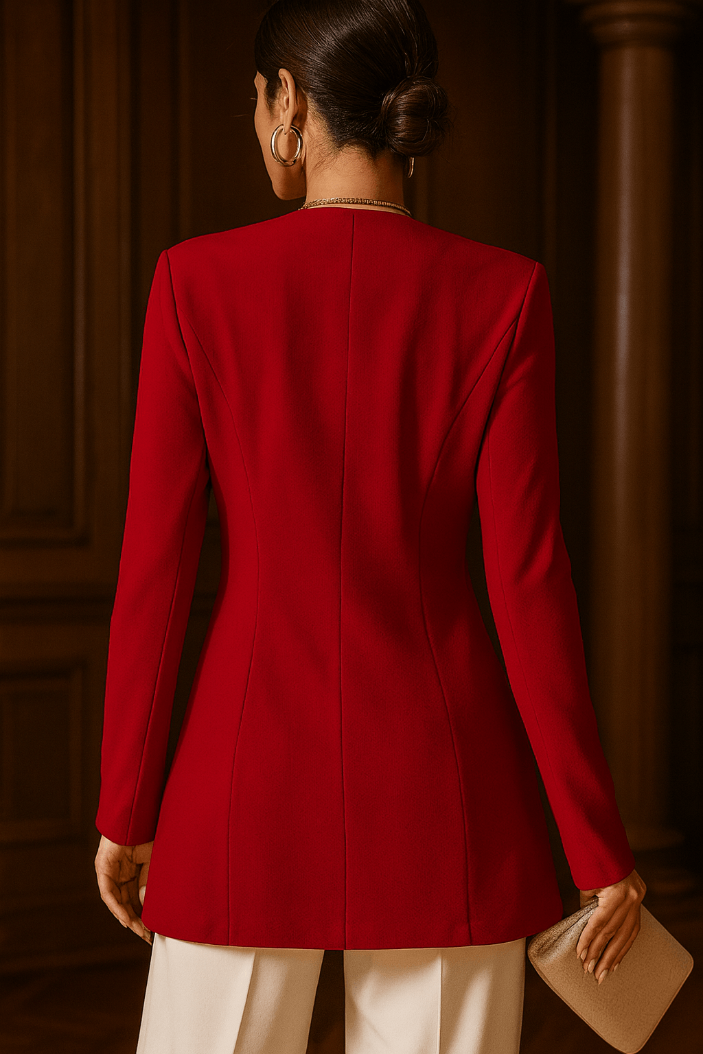 Model wearing red fitted blazer with wide-leg white trousers – high fashion editorial look