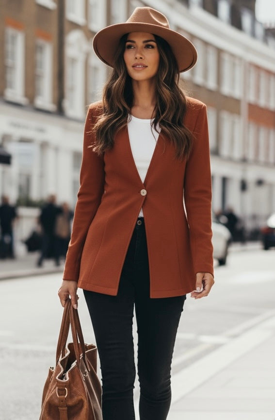 Close-up of camel blazer lapel and button – minimalist neutral outerwear for women