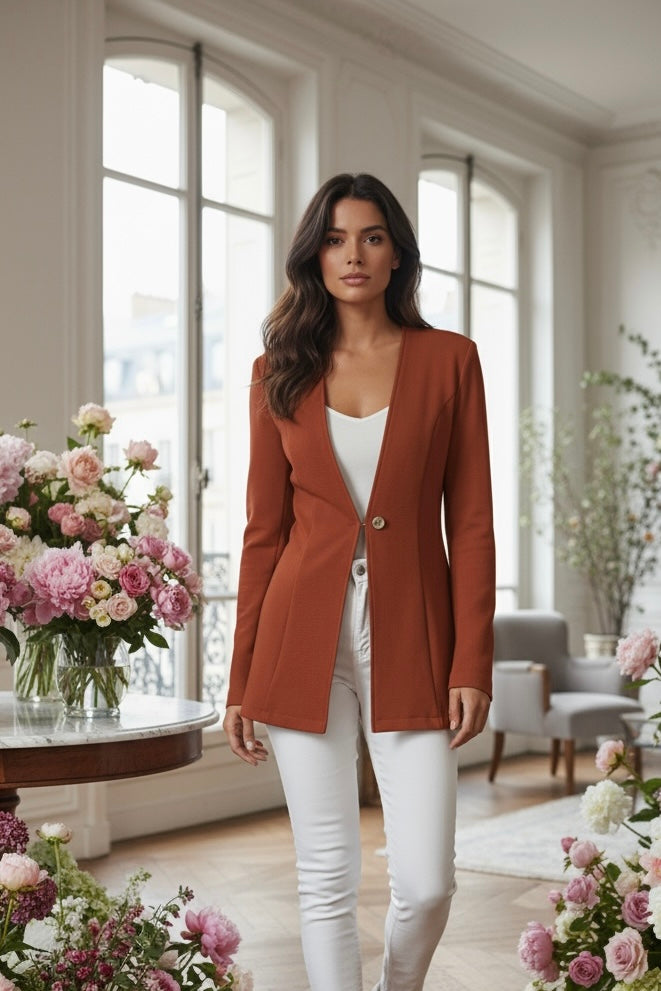 Camel beige women’s blazer – luxury one-button long sleeve tailored jacket