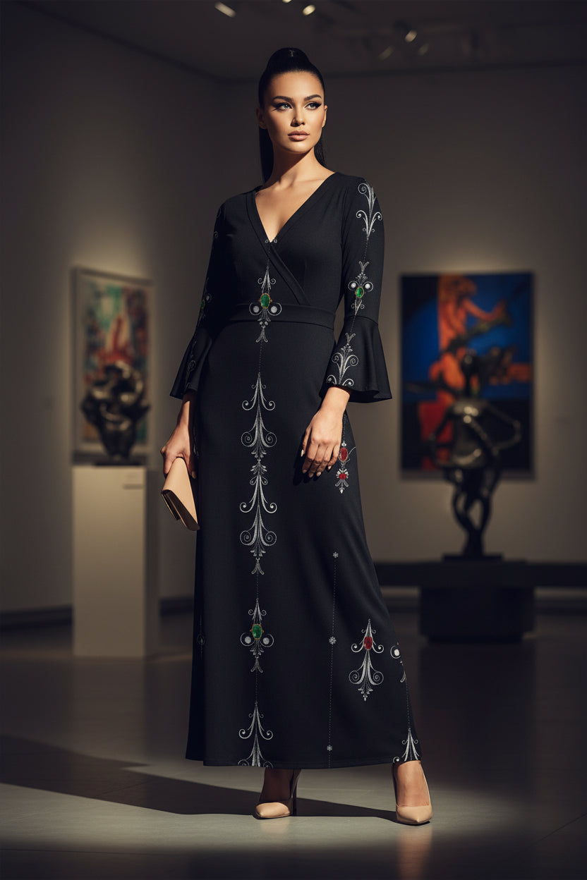 Aryani-Deep Charcoal Women's V-Neck Long Sleeve Maxi Dress-S-8XL with fitted silhouette and decorative patterns