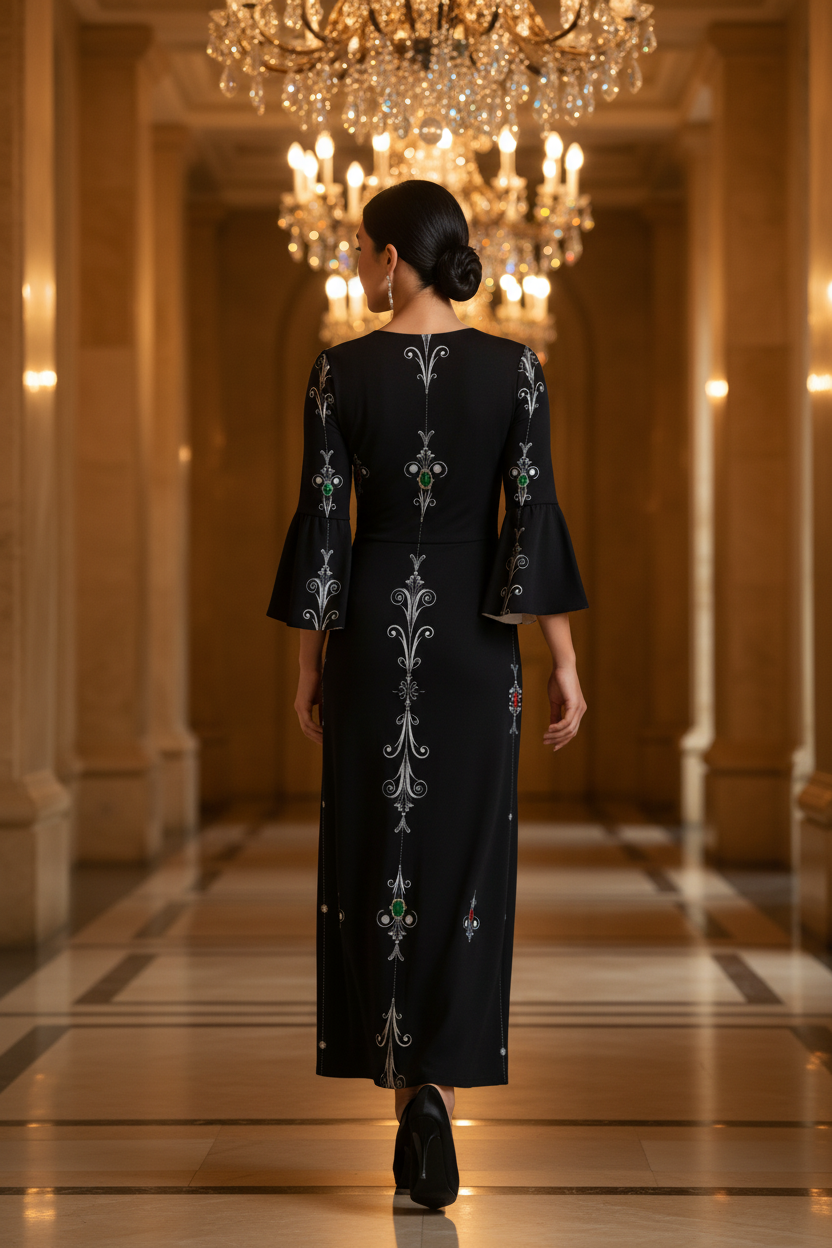 Aryani-Deep Charcoal Women's V-Neck Long Sleeve Maxi Dress-S-8XL black maxi dress with intricate floral embroidery and fitted silhouette