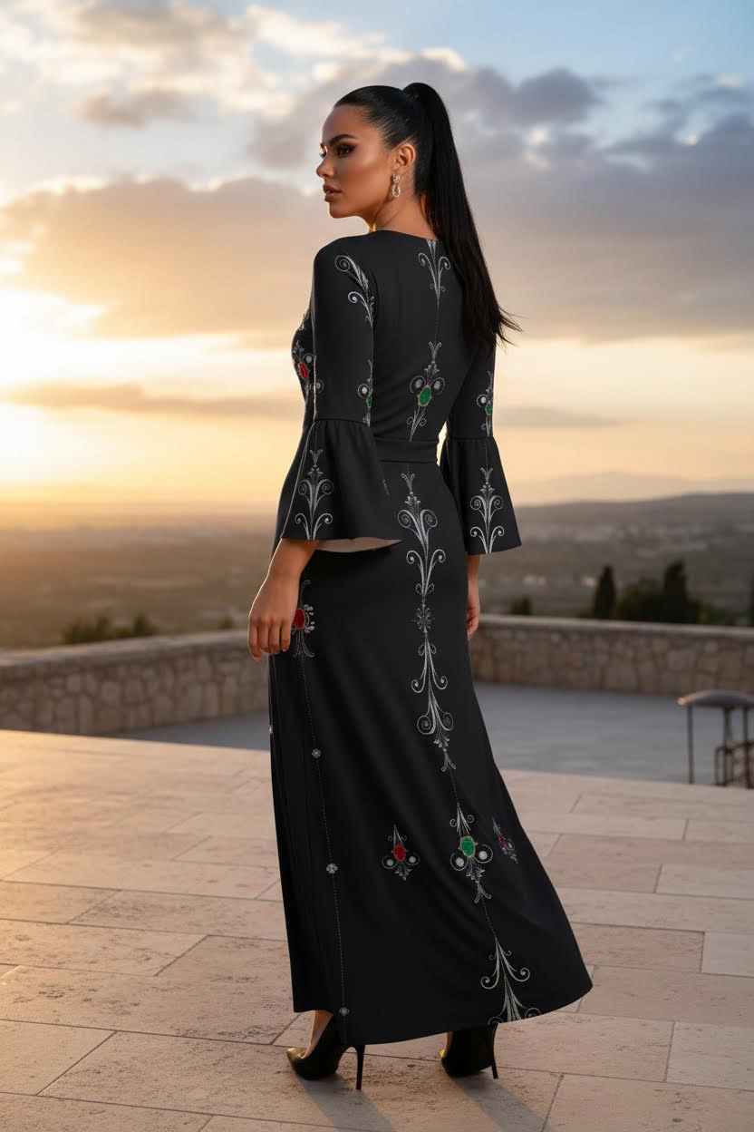 Aryani-Deep Charcoal Women's V-Neck Long Sleeve Maxi Dress-S-8XL with fitted silhouette and intricate floral embroidery details