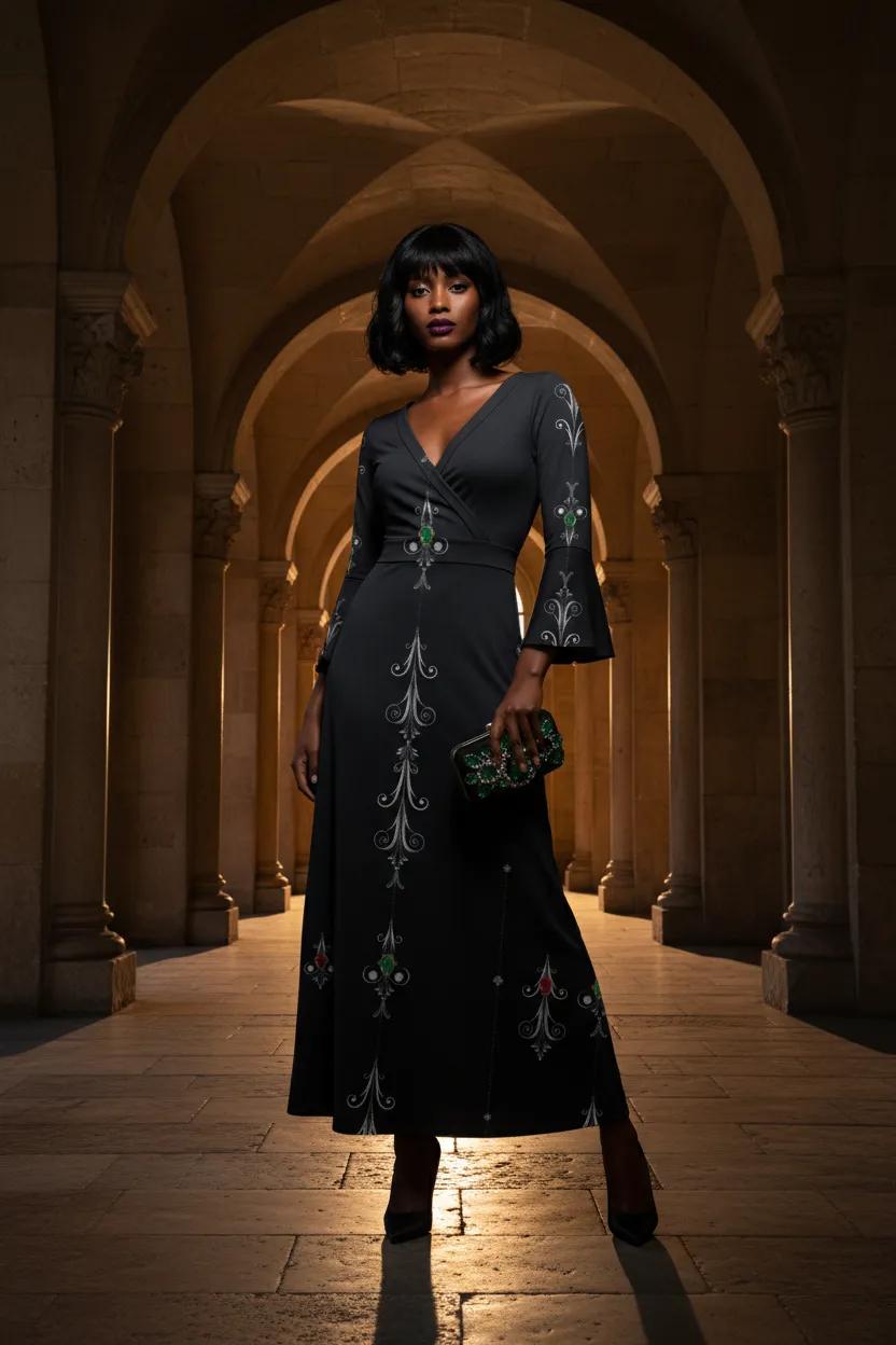 Angelic Blessings Aryani-Deep Charcoal Women's V-Neck Long Sleeve Maxi Dress-S-8XL with embroidered floral design and fitted silhouette