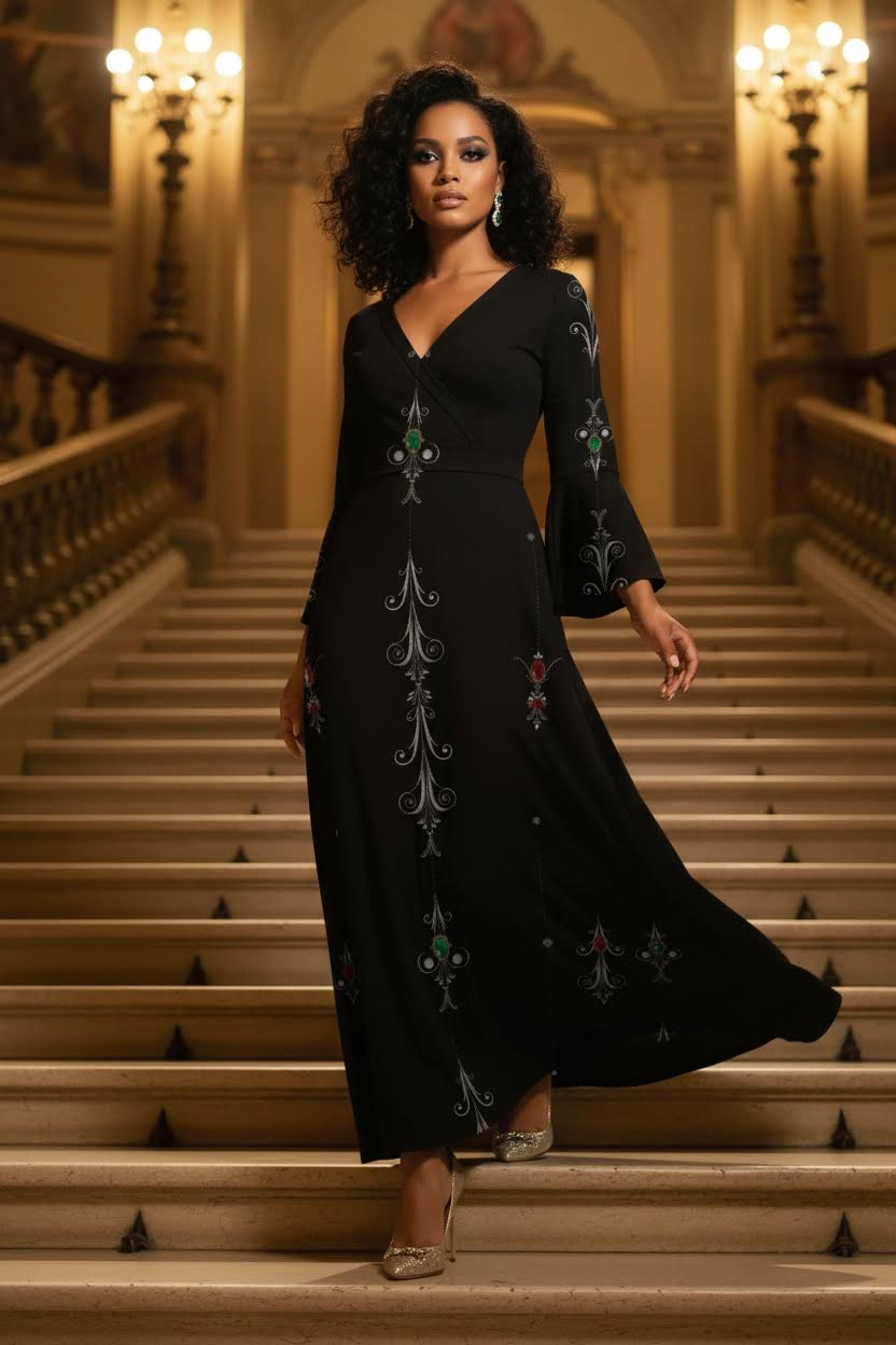 Aryani-Deep Charcoal Women's V-Neck Long Sleeve Maxi Dress-S-8XL by Angelic Blessings with embroidered details and flared sleeves