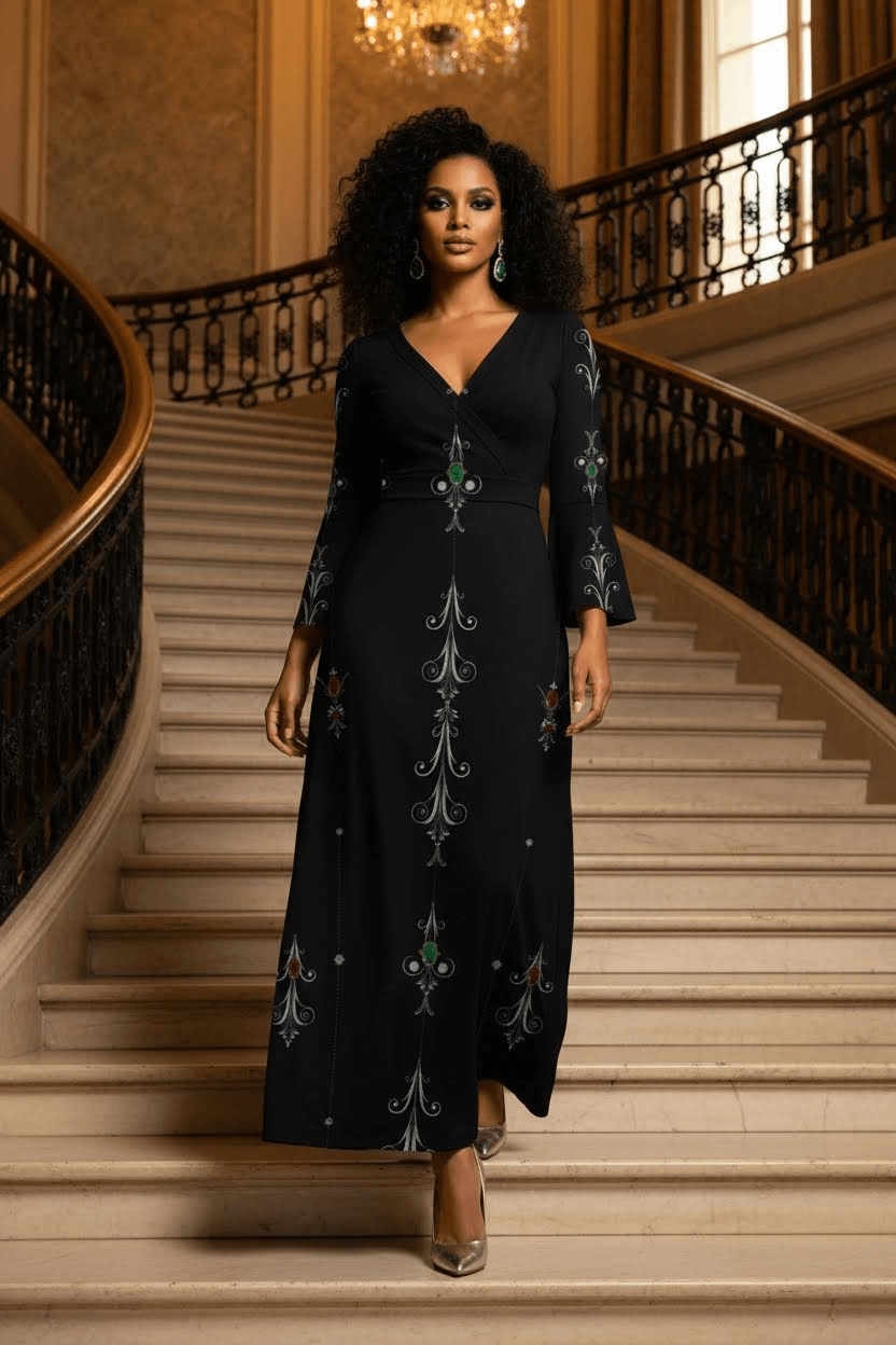 Aryani-Deep Charcoal Women's V-Neck Long Sleeve Maxi Dress-S-8XL with embroidered floral design and fitted silhouette