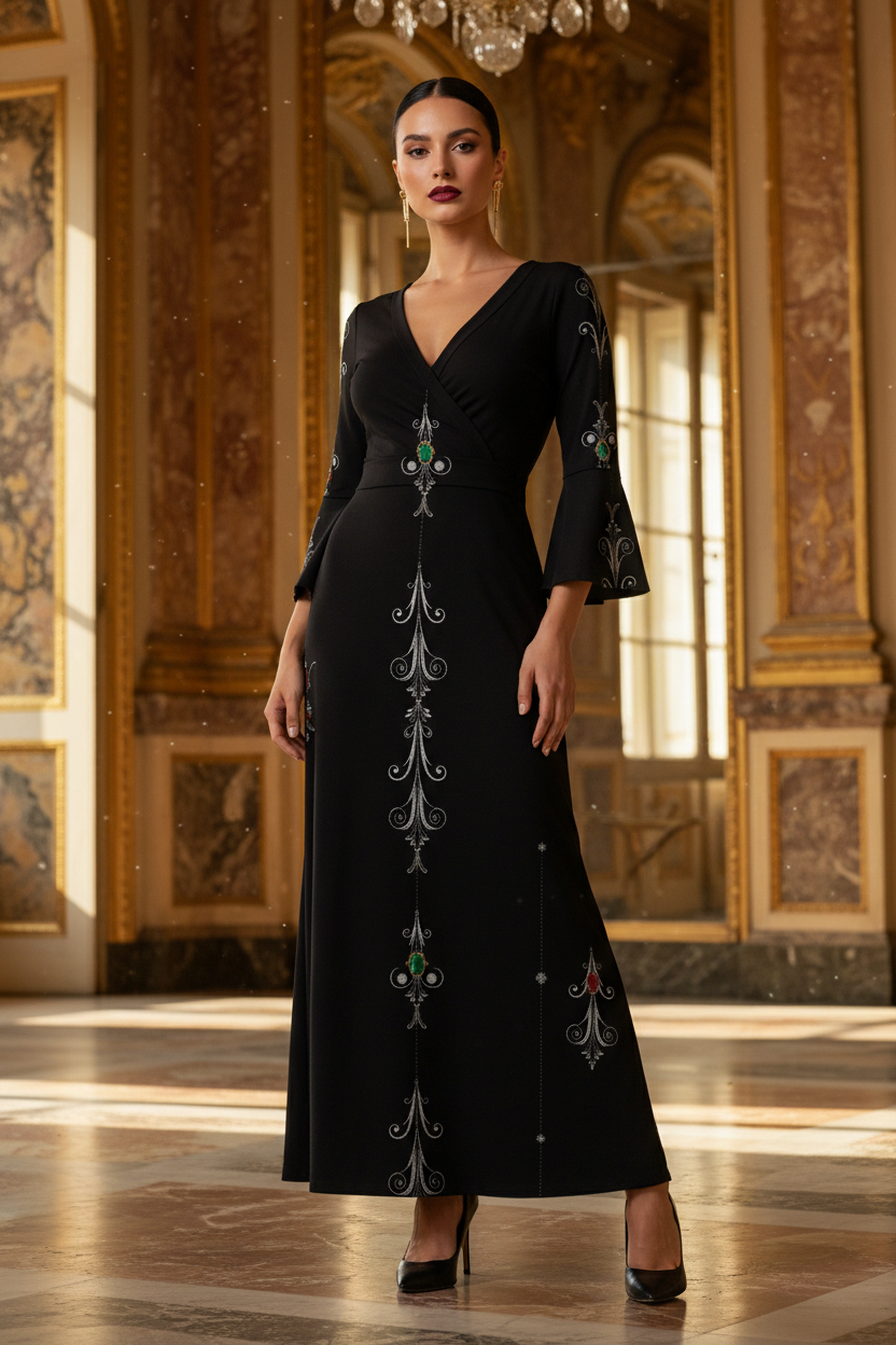 Aryani-Deep Charcoal Women's V-Neck Long Sleeve Maxi Dress-S-8XL in deep charcoal with embroidered detailing and fitted silhouette