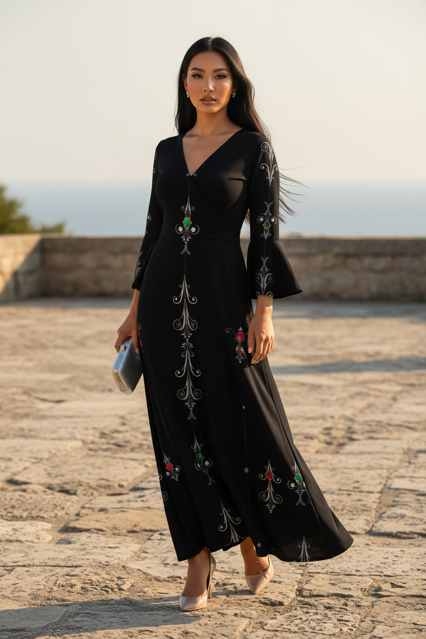 Aryani-Deep Charcoal Women's V-Neck Long Sleeve Maxi Dress-S-8XL with floral embroidery and flattering silhouette