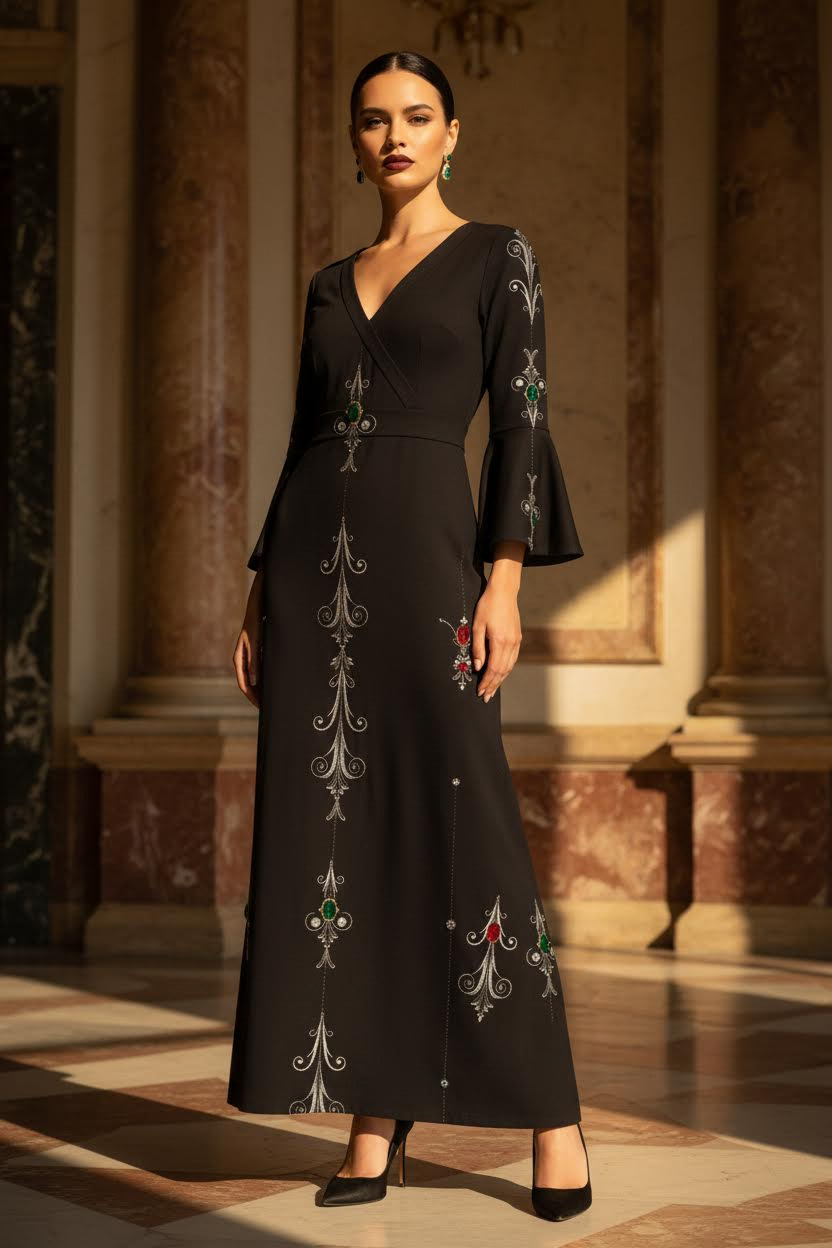 Aryani-Deep Charcoal Women's V-Neck Long Sleeve Maxi Dress-S-8XL by Angelic Blessings featuring deep charcoal color, V-neck silhouette, long bell sleeves, and intricate floral embroidery