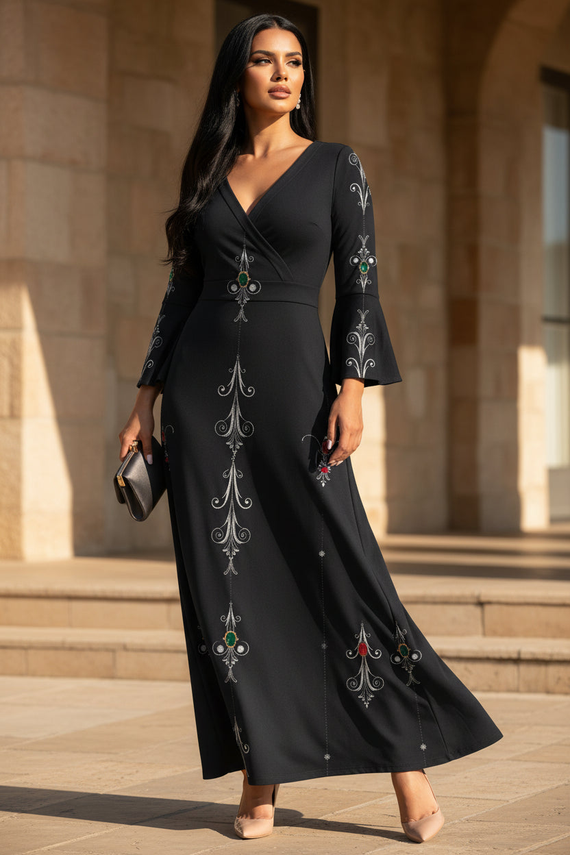 Aryani-Deep Charcoal Women's V-Neck Long Sleeve Maxi Dress-S-8XL by Angelic Blessings featuring deep charcoal color with embroidered detailing and flared sleeves