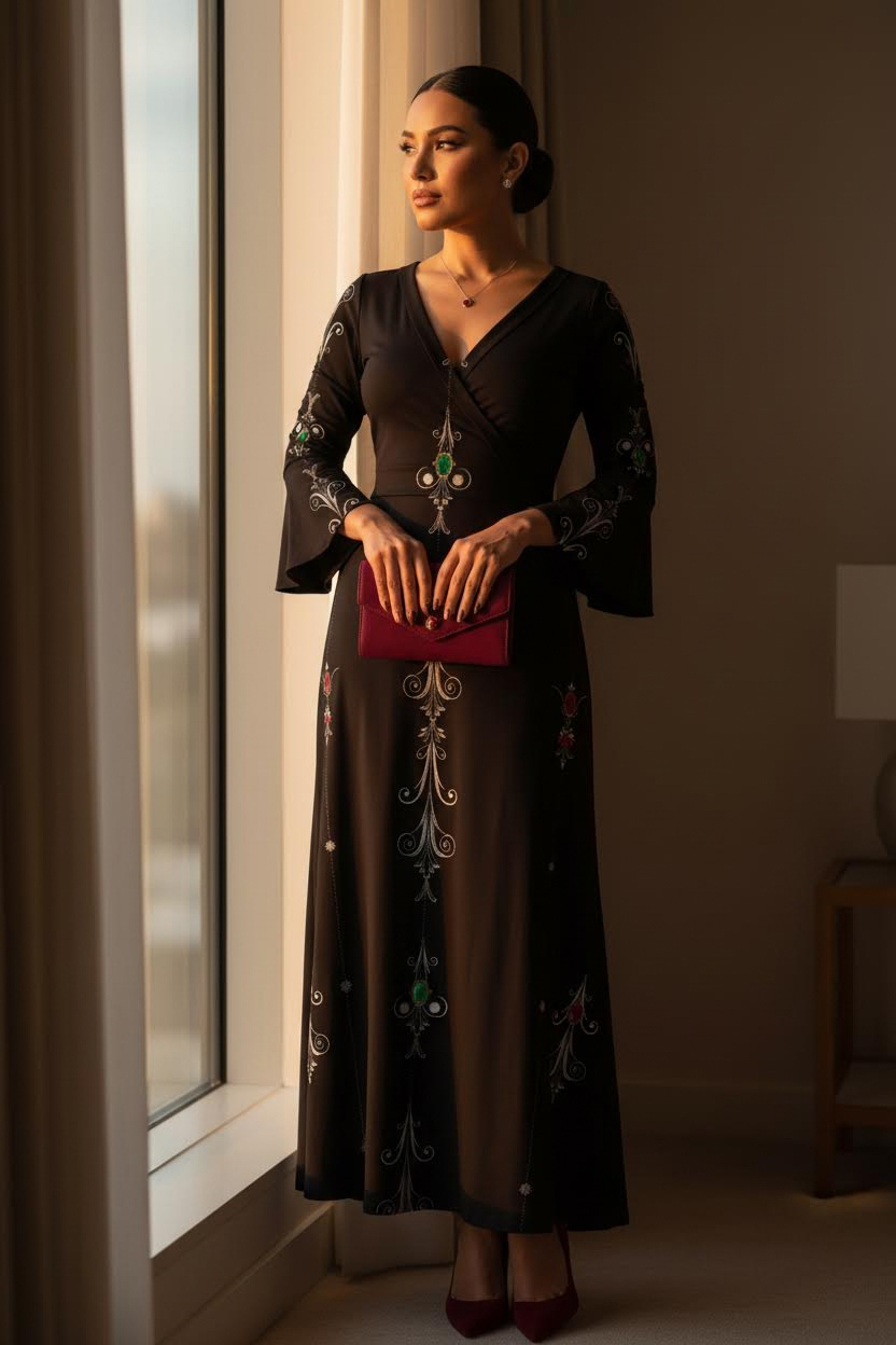 Aryani-Deep Charcoal Women's V-Neck Long Sleeve Maxi Dress-S-8XL by Angelic Blessings with embroidered floral pattern and fitted silhouette