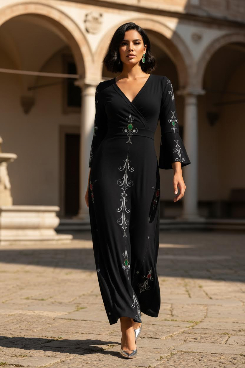 Aryani-Deep Charcoal Women's V-Neck Long Sleeve Maxi Dress-S-8XL in black with fitted silhouette and decorative silver and green embroidery