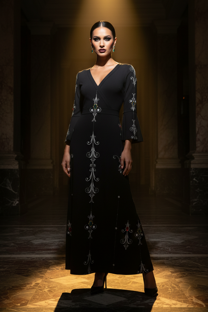 Aryani-Deep Charcoal Women's V-Neck Long Sleeve Maxi Dress-S-8XL in deep charcoal with fitted silhouette and intricate embroidery detailing